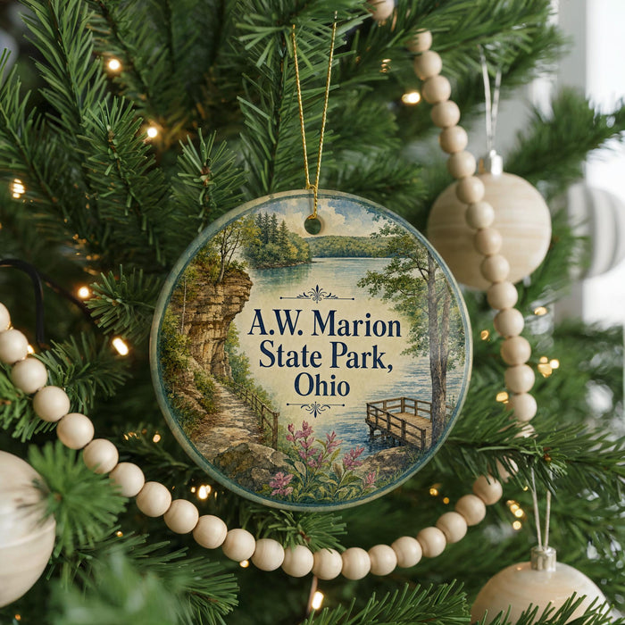 A Christmas tree decorated with ornaments, including a circular ornament with a scenic image of A.W. Marion State Park, Ohio.