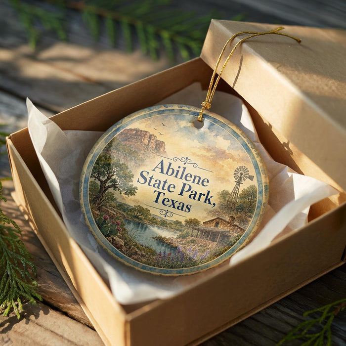 A decorative ornament in a box, featuring a scenic landscape with a windmill and trees, with the text "Abilene State Park, Texas" printed on it.