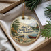 A decorative ornament with a scenic image of a lake, mountains, and pine trees, along with the text "Ahern State Park, New Hampshire".