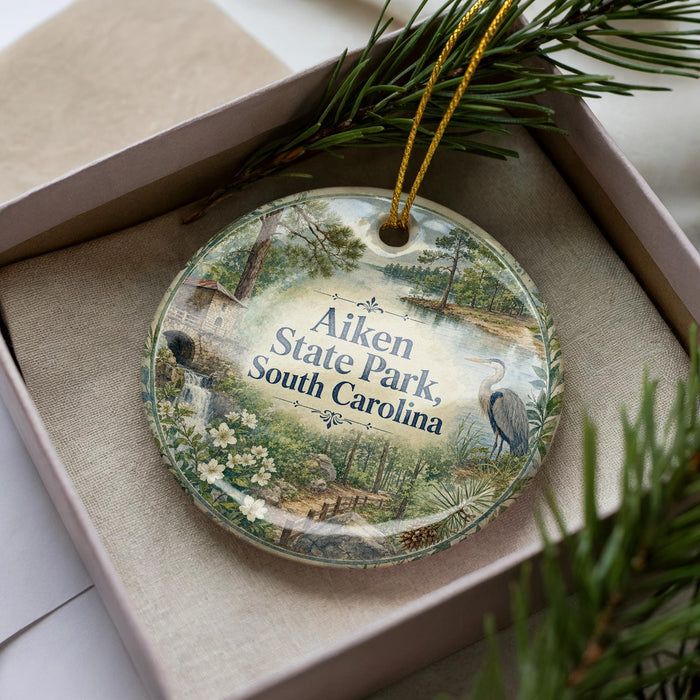 A decorative ornament in a box, featuring a scenic landscape with a bird, trees, and flowers.
