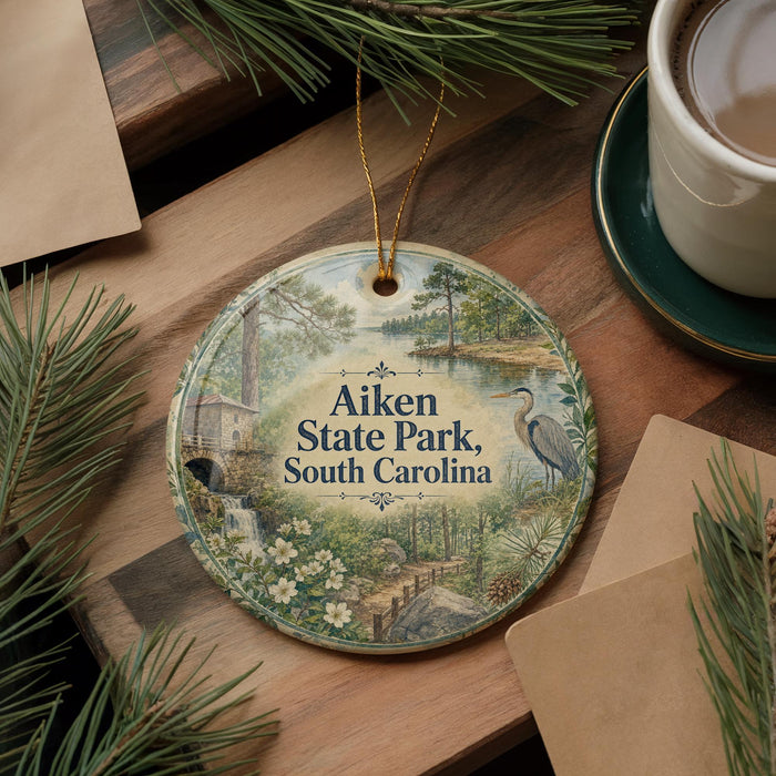 A decorative ornament with a scenic image of Aiken State Park, South Carolina, hanging on a wooden surface.