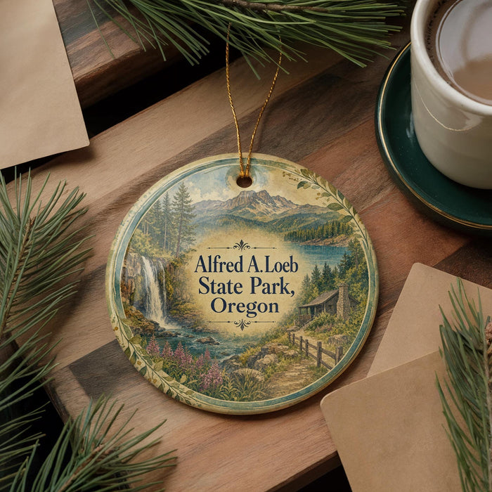 A round ornament with a scenic landscape of Alfred A. Loeb State Park, Oregon, featuring a waterfall and pine trees, is displayed on a wooden surface alongside a cup of coffee and some papers.
