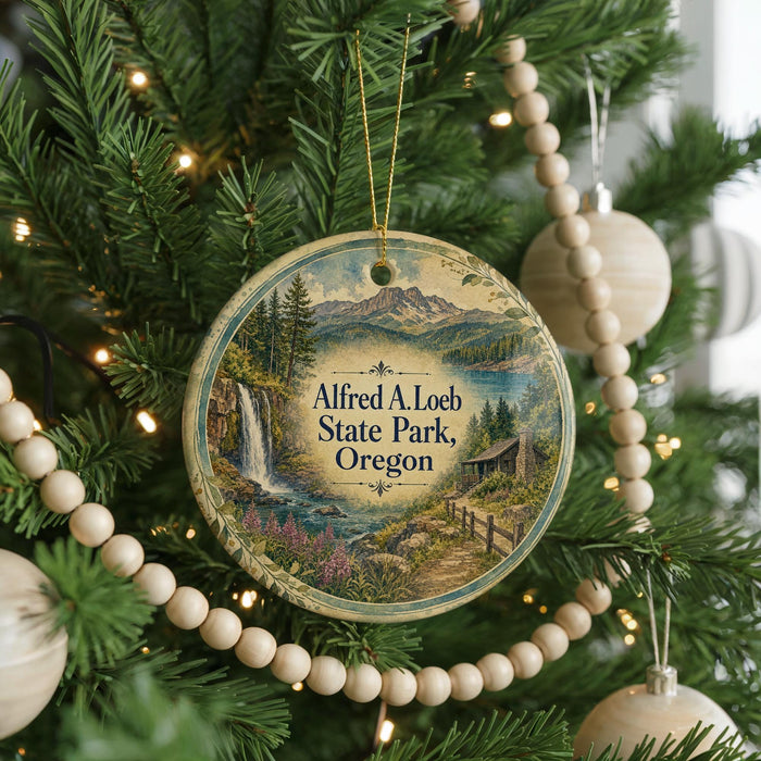 A round ornament hanging on a Christmas tree, featuring a scenic landscape with a waterfall and mountains.