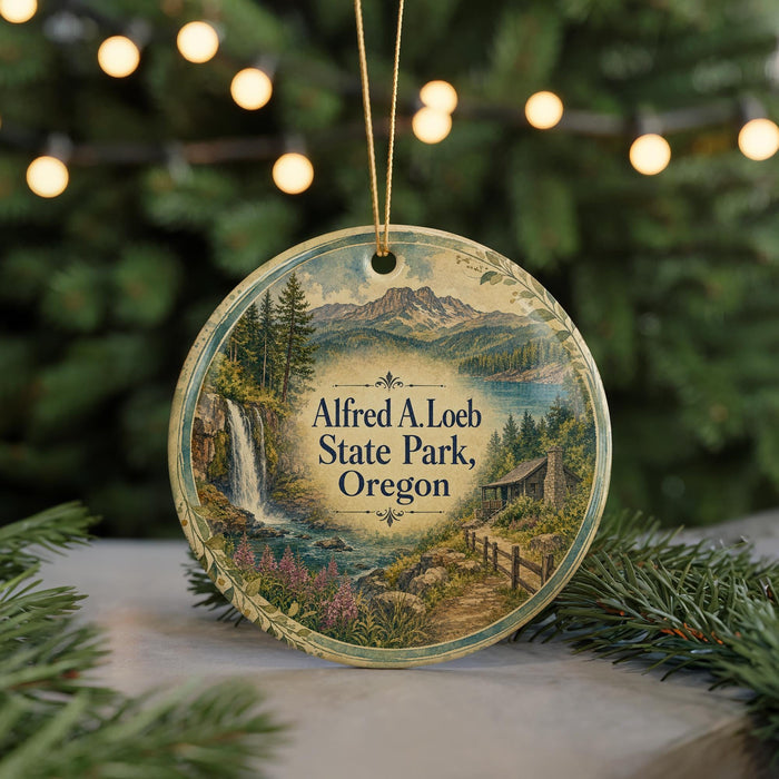 A round ornament with a scenic landscape of Alfred A. Loeb State Park, Oregon, featuring a waterfall, forest, and mountains.