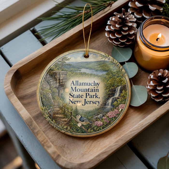 A wooden tray with a decorative ornament featuring a scenic mountain landscape, pine cones, and a lit candle.