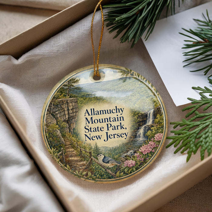 A decorative ornament with a scenic mountain landscape, featuring a winding path, a waterfall, and a bird perched on a branch.