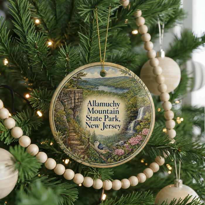 A round ornament hanging on a Christmas tree, featuring a scenic landscape with a waterfall and a path leading to a cliff.