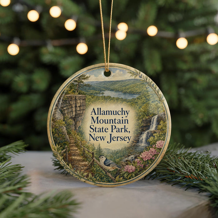 A round ornament with a scenic landscape of Allamuchy Mountain State Park, New Jersey, featuring a waterfall, forest, and a bird.
