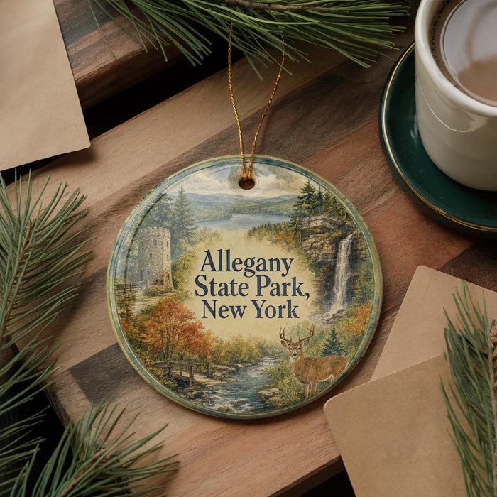 A round ornament with a scenic landscape of Allegany State Park, New York, featuring a waterfall, pine trees, and a deer.