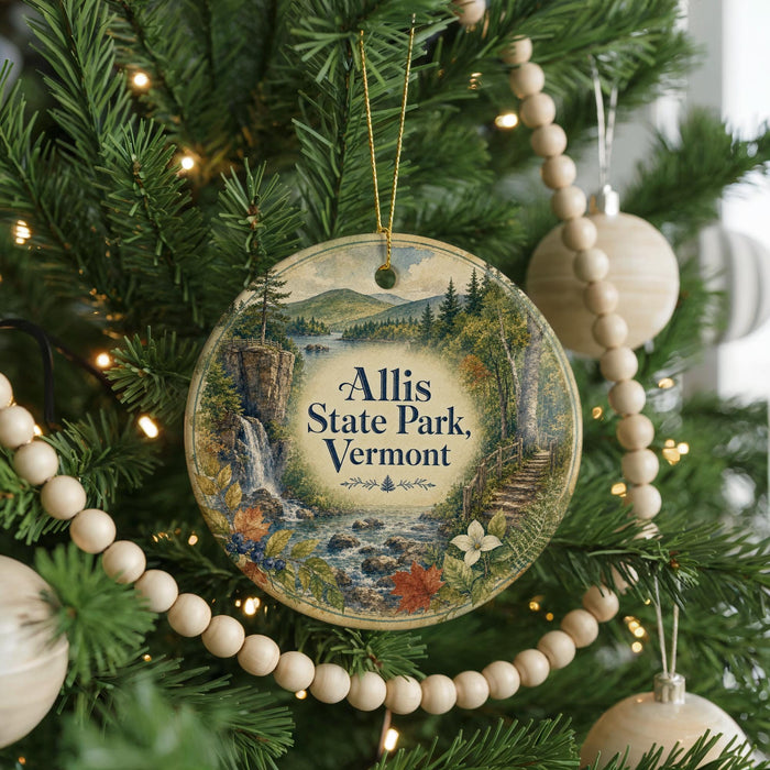 A round ornament on a Christmas tree, featuring a scenic landscape with a waterfall and mountains, with the text "Allis State Park, Vermont" displayed prominently.