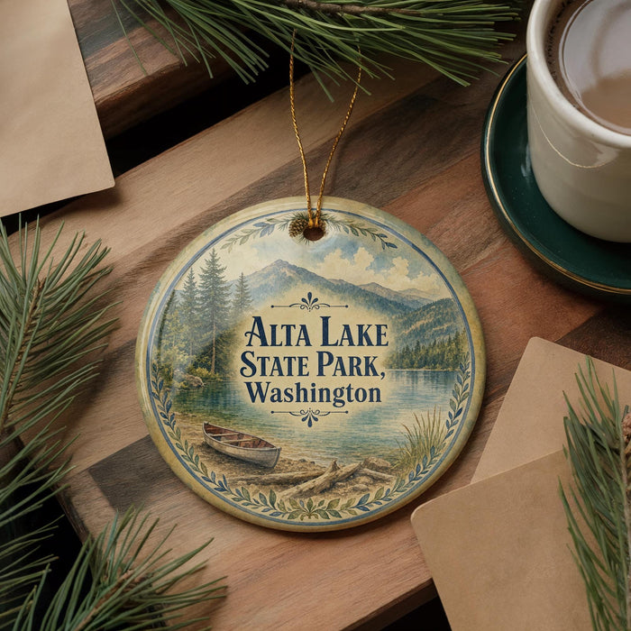 A decorative ornament with the text "Alta Lake State Park, Washington" on it, surrounded by pine branches and a cup of coffee on a wooden surface.