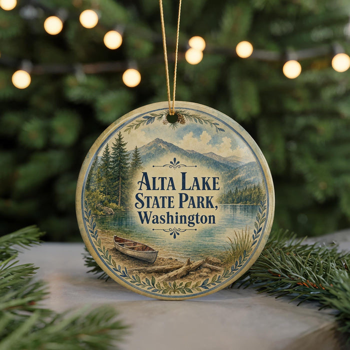 A round ornament with a scenic image of Alta Lake State Park in Washington, featuring a boat on the lake and pine trees in the background.