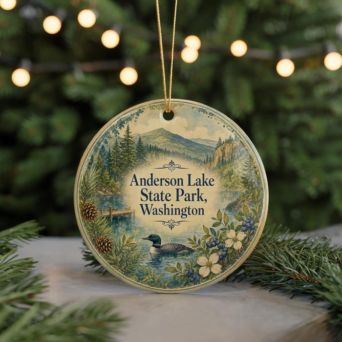A round ornament with a scenic landscape of Anderson Lake State Park, Washington, featuring a duck swimming in the water and pine trees in the background.