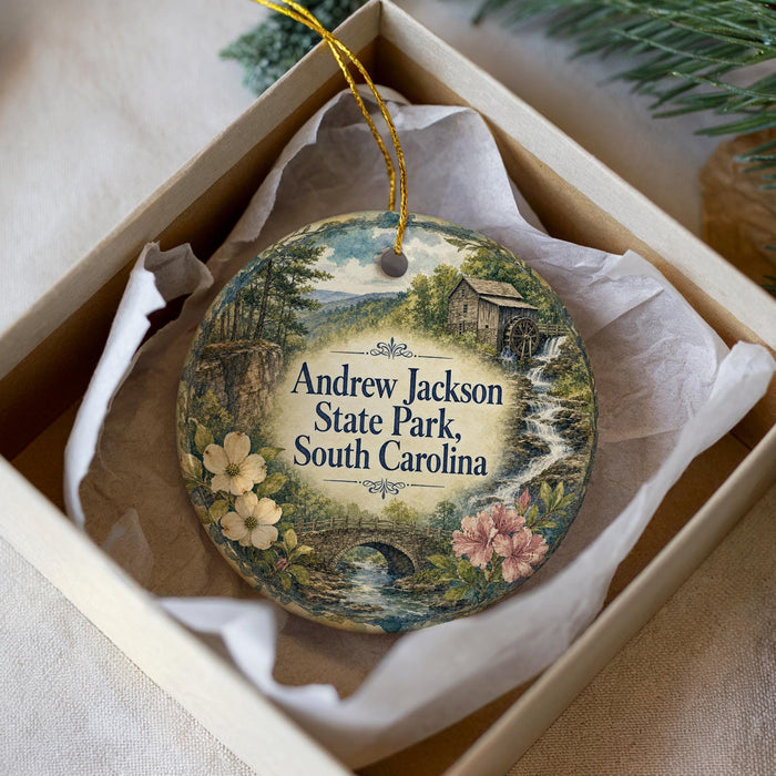 A decorative ornament in a box, featuring a scenic landscape with a river, bridge, and flowers.
