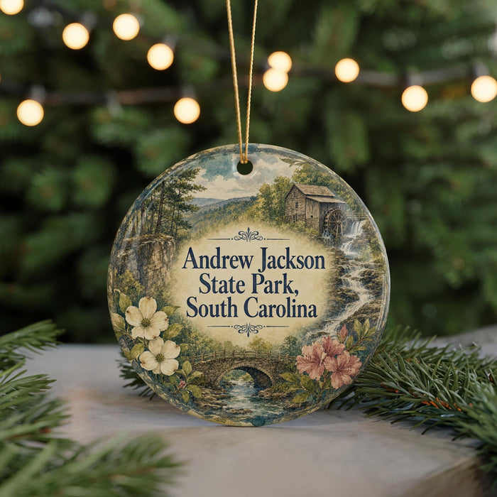 A round ornament with a scenic landscape of Andrew Jackson State Park, South Carolina, featuring a bridge, a river, and flowers.