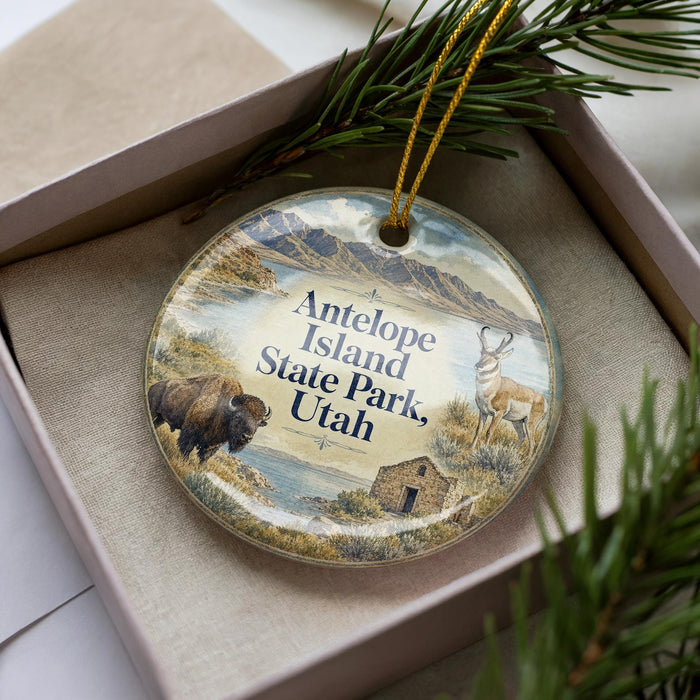 A decorative ornament in a box, featuring an illustration of a bison and a deer in a scenic landscape, with the text "Antelope Island, State Park, Utah".