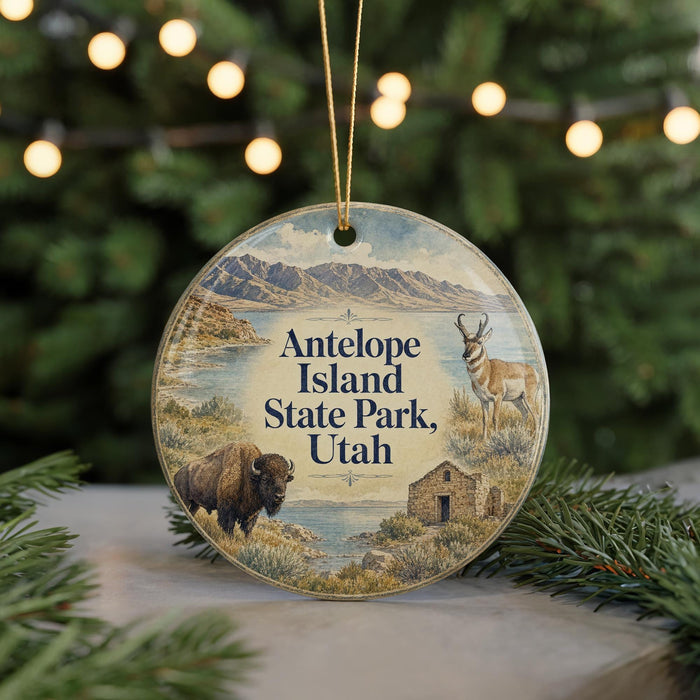 A round ornament with a scenic image of Antelope Island, Utah, featuring a bison and a deer, along with the text "Antelope Island, Utah".