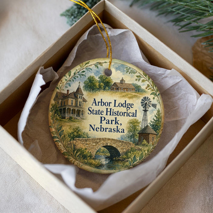 A decorative ornament in a white box, featuring a painting of a historic lodge and park scene with a windmill and bridge.