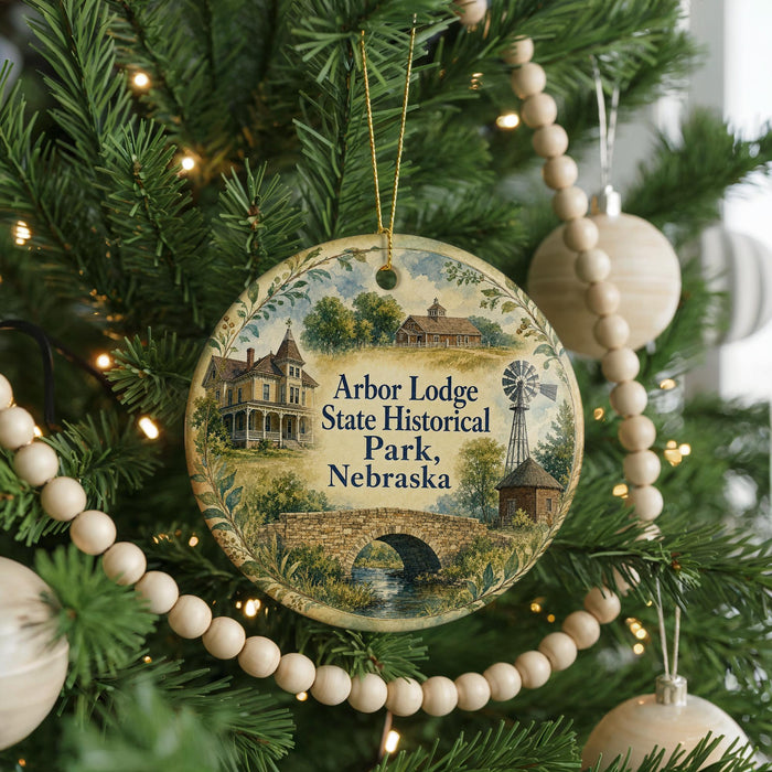 A round ornament hanging on a Christmas tree, featuring an illustration of a historic lodge and park in Nebraska.