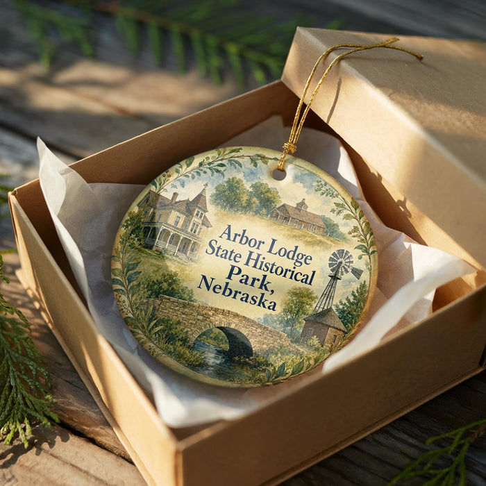 A decorative ornament in a wooden box, featuring a scenic landscape with a lodge, a windmill, and a river.