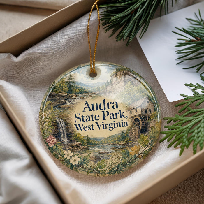An oval ornament with a scenic landscape of Audra State Park, West Virginia, hanging from a string.