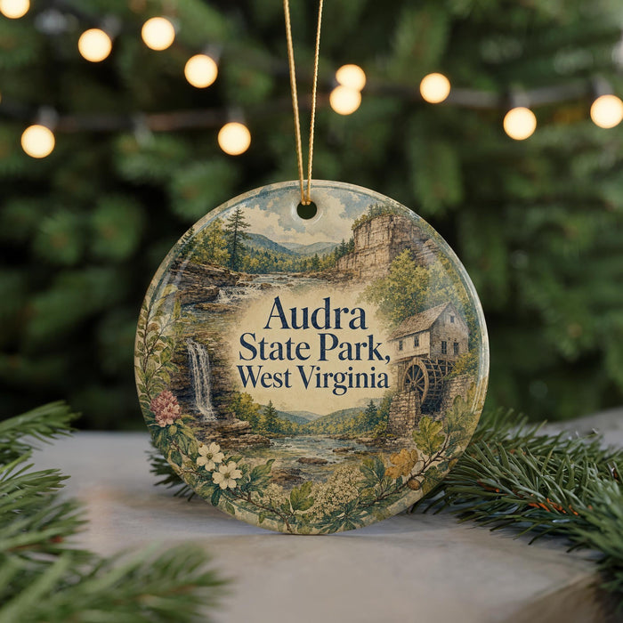 A decorative ornament featuring a scenic landscape of Audra State Park in West Virginia, with a waterfall and a building in the background.