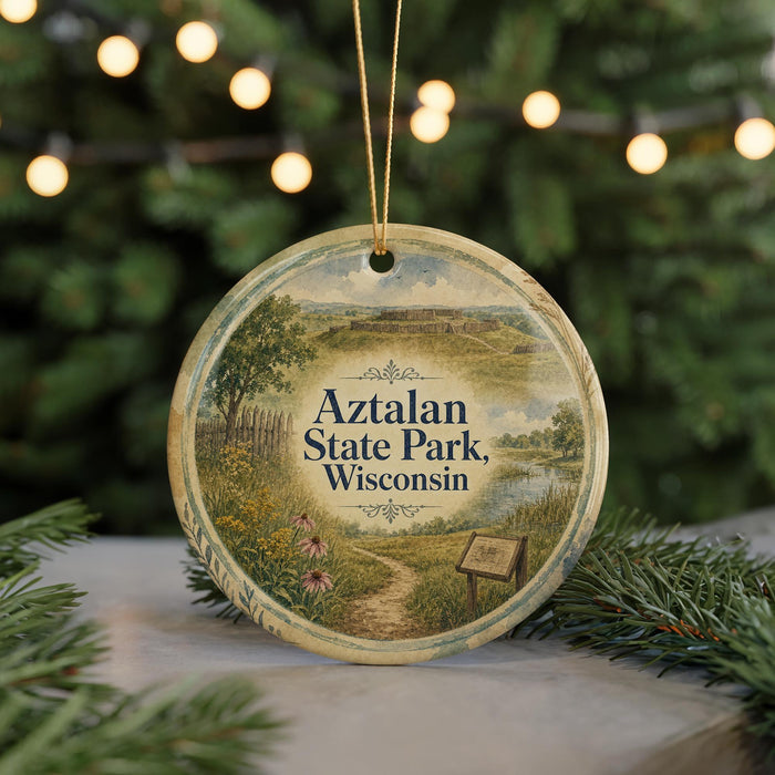 A circular ornament with a scenic landscape of Aztalan State Park, Wisconsin, featuring a path, a sign, and a body of water.
