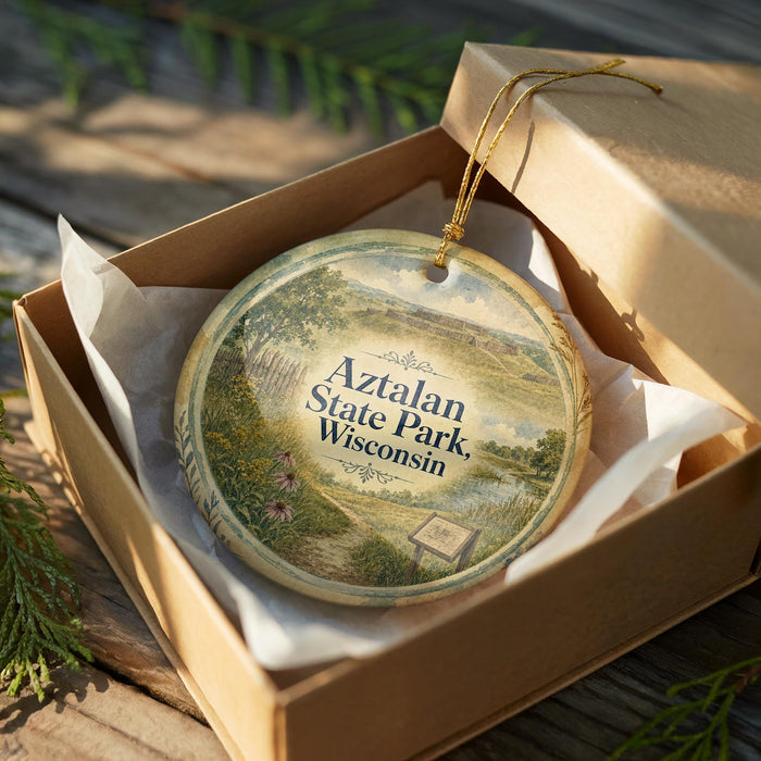 A decorative ornament in a brown box, featuring a scenic landscape with trees, flowers, and a body of water.