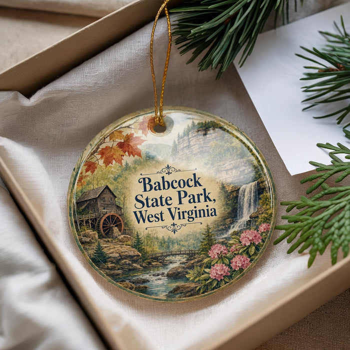A decorative ornament with a scenic image of Babcock State Park, West Virginia, hanging from a string.