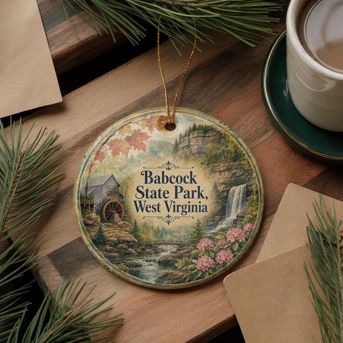 A decorative ornament featuring a scenic landscape with a waterfall, pine trees, and a house, hanging on a wooden surface.