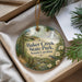 A round ornament with a scenic image of Baker Creek State Park, South Carolina, hanging from a string.