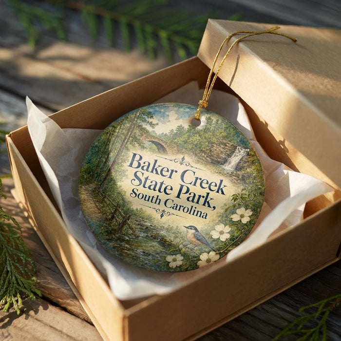 A round ornament in a brown box, featuring a scenic landscape with a bird and flowers, is displayed on a wooden surface.