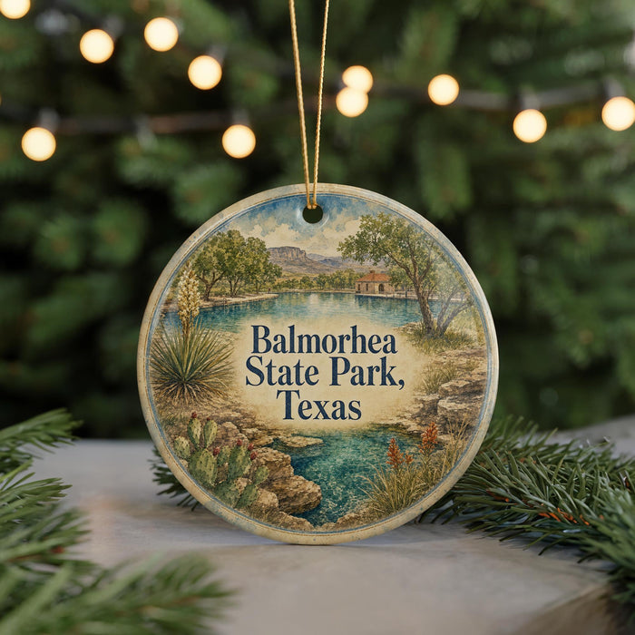 A circular ornament with a scenic landscape of Balmorheeta State Park, Texas, featuring a lake, mountains, and desert vegetation.