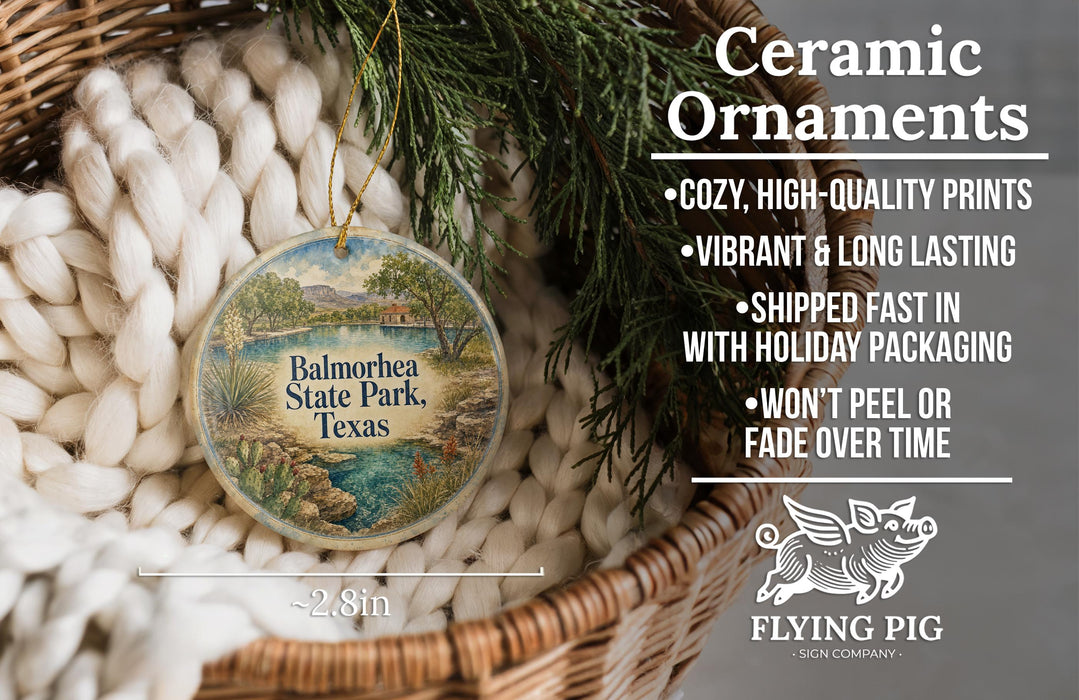 Ceramic ornaments, featuring a detailed image of Balmorheca State Park, Texas, hanging from a wicker basket.