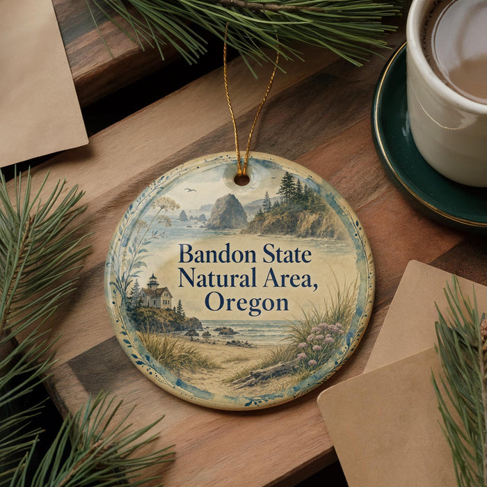 A round ornament with a scenic landscape of Bandon State, Oregon, featuring a lighthouse and a body of water. The ornament is hanging from a string and is placed on a wooden surface, surrounded by pine branches and a cup of coffee.