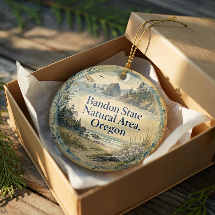 A decorative ornament in a wooden box, featuring a scenic landscape with mountains, trees, and a body of water.