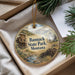 A decorative ornament with a scenic image of Banneck State Park, Montana, hanging from a string.