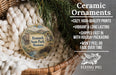 Ceramic ornaments, specifically a Bannack State Park ornament, are displayed in a woven basket. The ornament features a scenic image of the park and includes text describing the ornament's features.