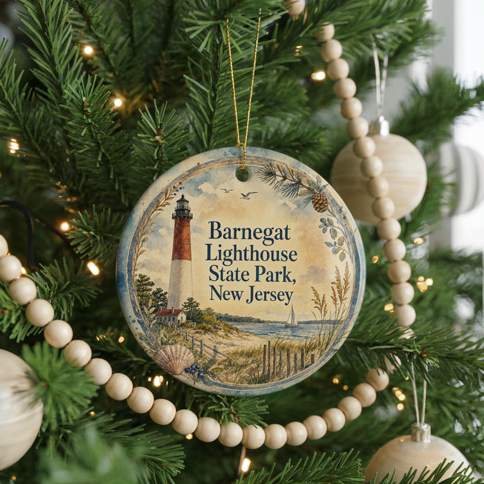 A round ornament on a Christmas tree, featuring a lighthouse and the text "Barnegat Lighthouse State Park, New Jersey".
