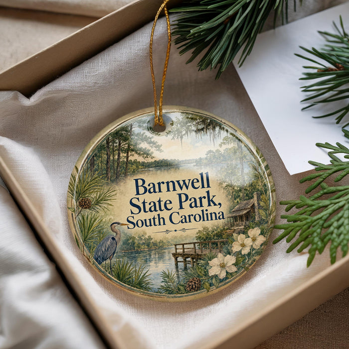 A decorative ornament with a scenic image of Barnwell State Park, South Carolina, hanging from a string.