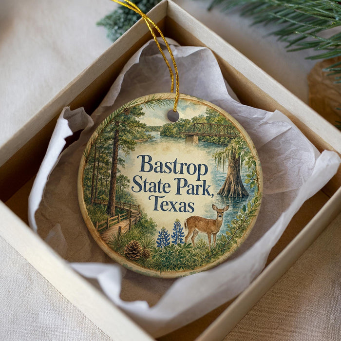A decorative ornament in a box, featuring a scenic image of Bastrop State Park, Texas, with a deer and a bridge in the background.