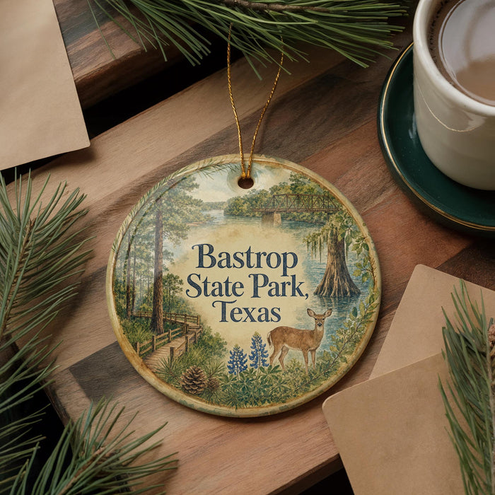 A decorative ornament with the text "Bastrop State Park, Texas" and an illustration of a deer in a forest setting, placed on a wooden surface alongside pine branches and a cup of coffee.