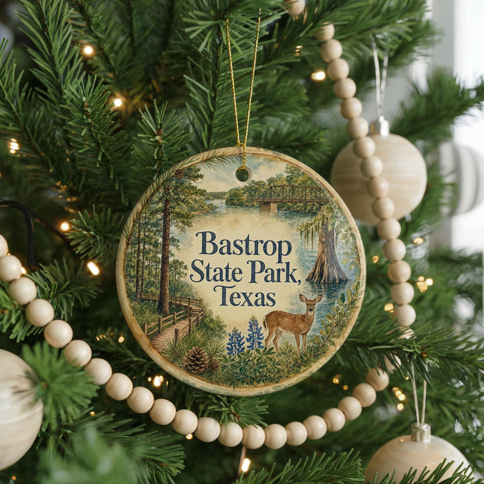 A round ornament hanging on a Christmas tree, featuring a scenic image of Bastrop State Park, Texas.