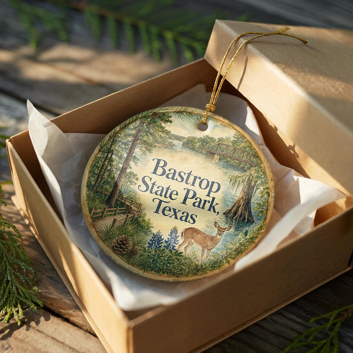 A wooden box containing a decorative ornament with a scenic landscape of Bastrop State Park, Texas.