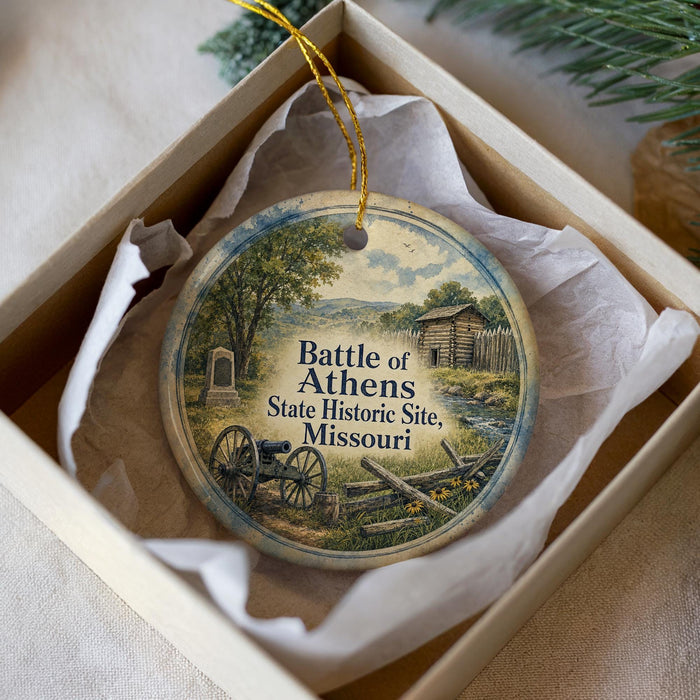 A decorative ornament in a box, featuring a scene depicting a wagon wheel and a wooden cabin, with the text "Battle of Athens State Historic Site, Missouri" printed on it.
