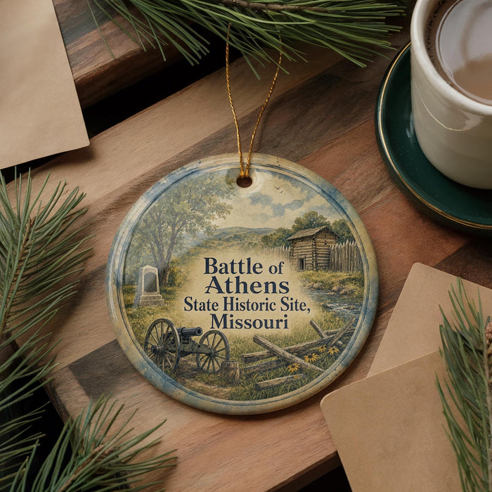 A decorative ornament featuring a scene from the Battle of Athens, Missouri, with a wagon and a cabin in the background.