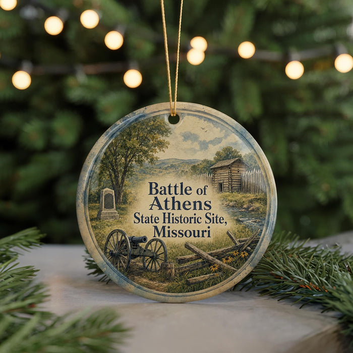 A round ornament with a painting of a wagon and a building, surrounded by greenery, with the text "Battle of Athens State Historic Site, Missouri" displayed on it.