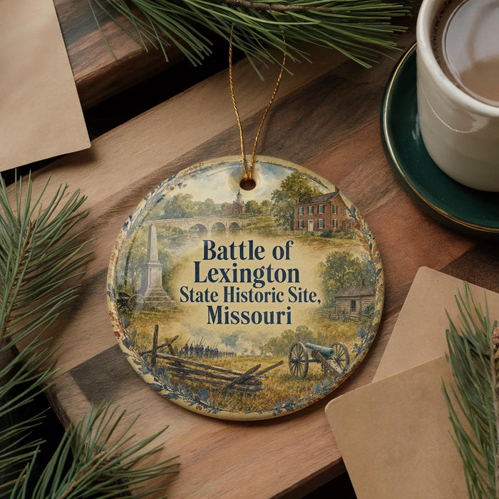 A decorative ornament featuring a historical scene of the Battle of Lexington, Missouri, with a house and a cannon in the foreground.