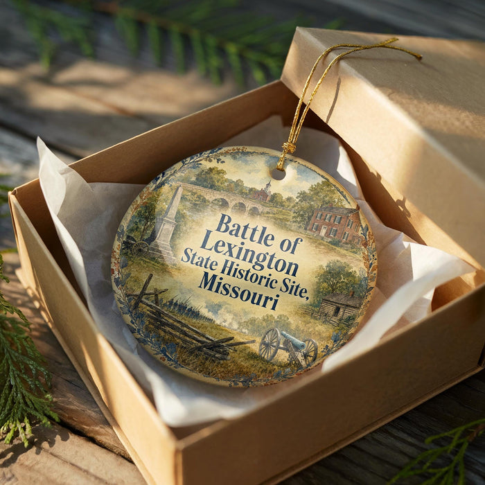 A decorative ornament in a wooden box, featuring a painting of a historical site with a caption that reads "Battle of Lexington, State Historic Site, Missouri".