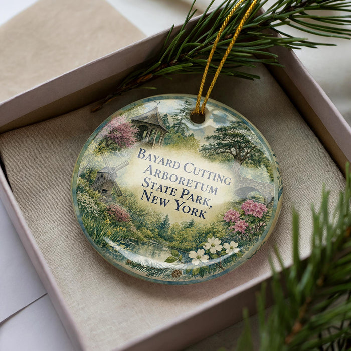 A decorative ornament with a floral design, placed inside a box with pine branches.